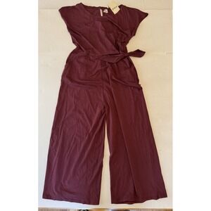 Pact Organic Cotton Lounge Jumpsuit Short Sleeve Wide Leg Red Side Tie  Sz M NWT